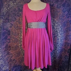 Splendid Fuschia Pink Long Sleeve Empire Waist Dress w/Gray Ribbon Womens Large